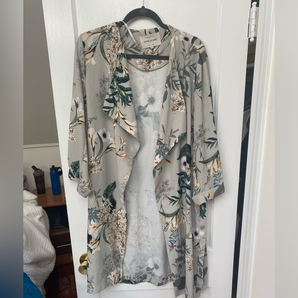 River Island dove gray floral duster jacket